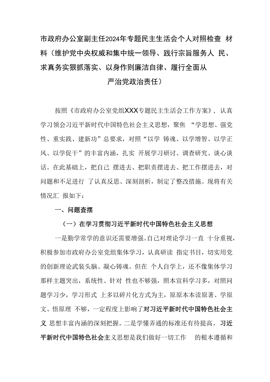 市政府办公室副主任2024年专题民主生活会个人对照检查材料(维护党中央权威和集中统一领导、践行宗旨服务人民、求真务实狠抓落实、以身作.docx_第1页