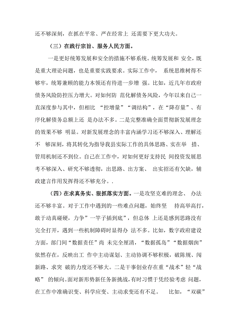 市政府办公室副主任2024年专题民主生活会个人对照检查材料(维护党中央权威和集中统一领导、践行宗旨服务人民、求真务实狠抓落实、以身作.docx_第3页