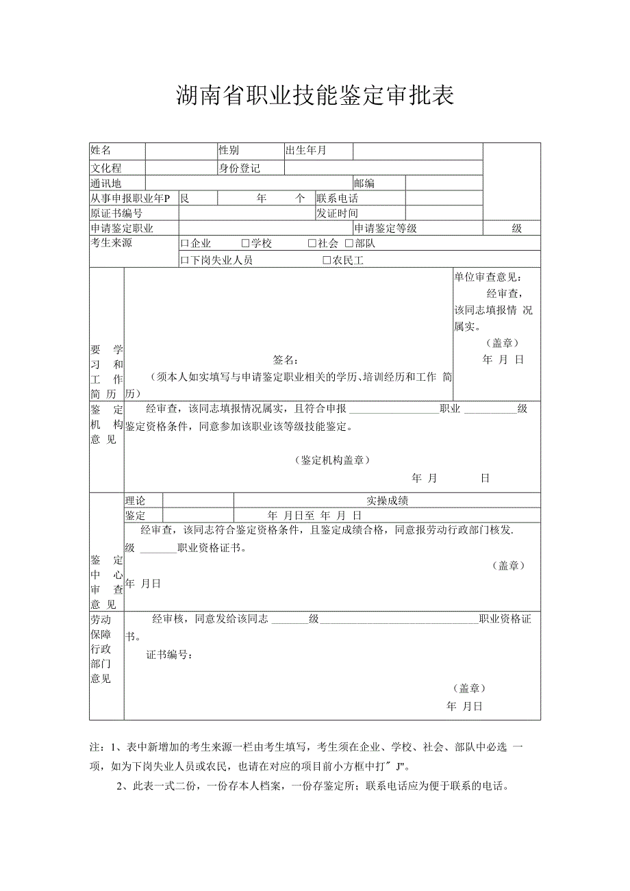 湖南省职业技能鉴定审批表.docx_第1页