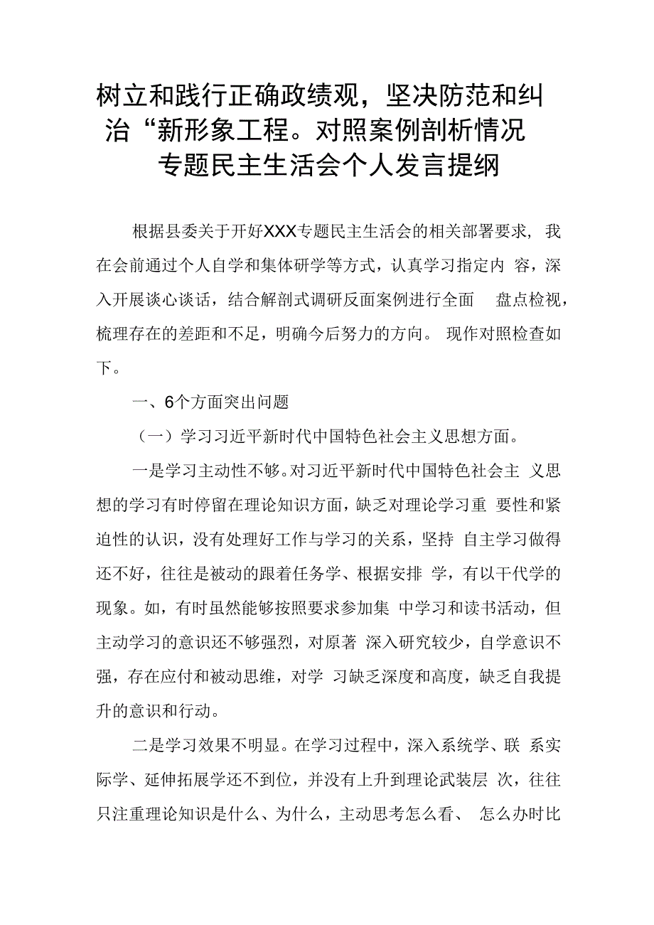 树立和践行正确政绩观坚决防范和纠治“新形象工程”对照案例剖析情况专题民主生活会个人发言提纲.docx_第1页