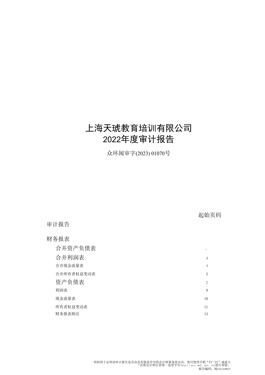 开元教育：上海天琥教育培训有限公司2022年度审计报告.docx_第1页