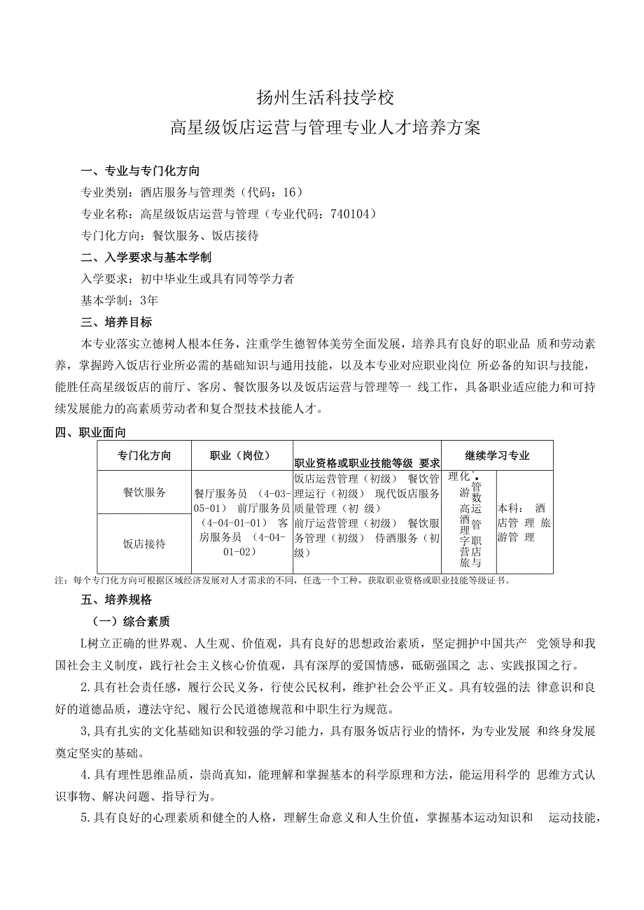 扬州生活科技学校高星级饭店运营与管理专业人才培养方案.docx_第1页