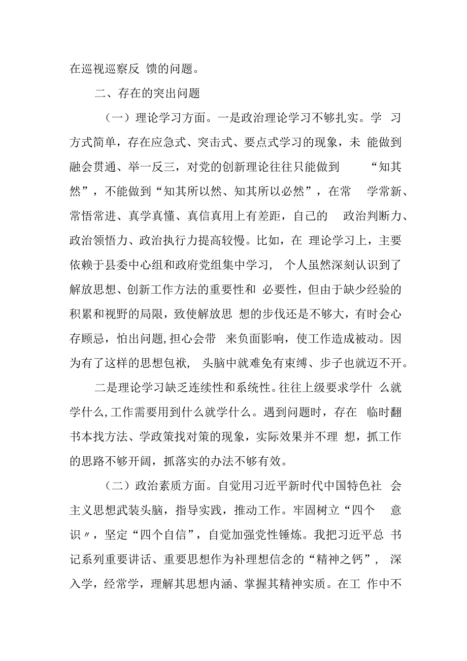 某副县长2023年度专题民主生活会对照检查材料.docx_第2页