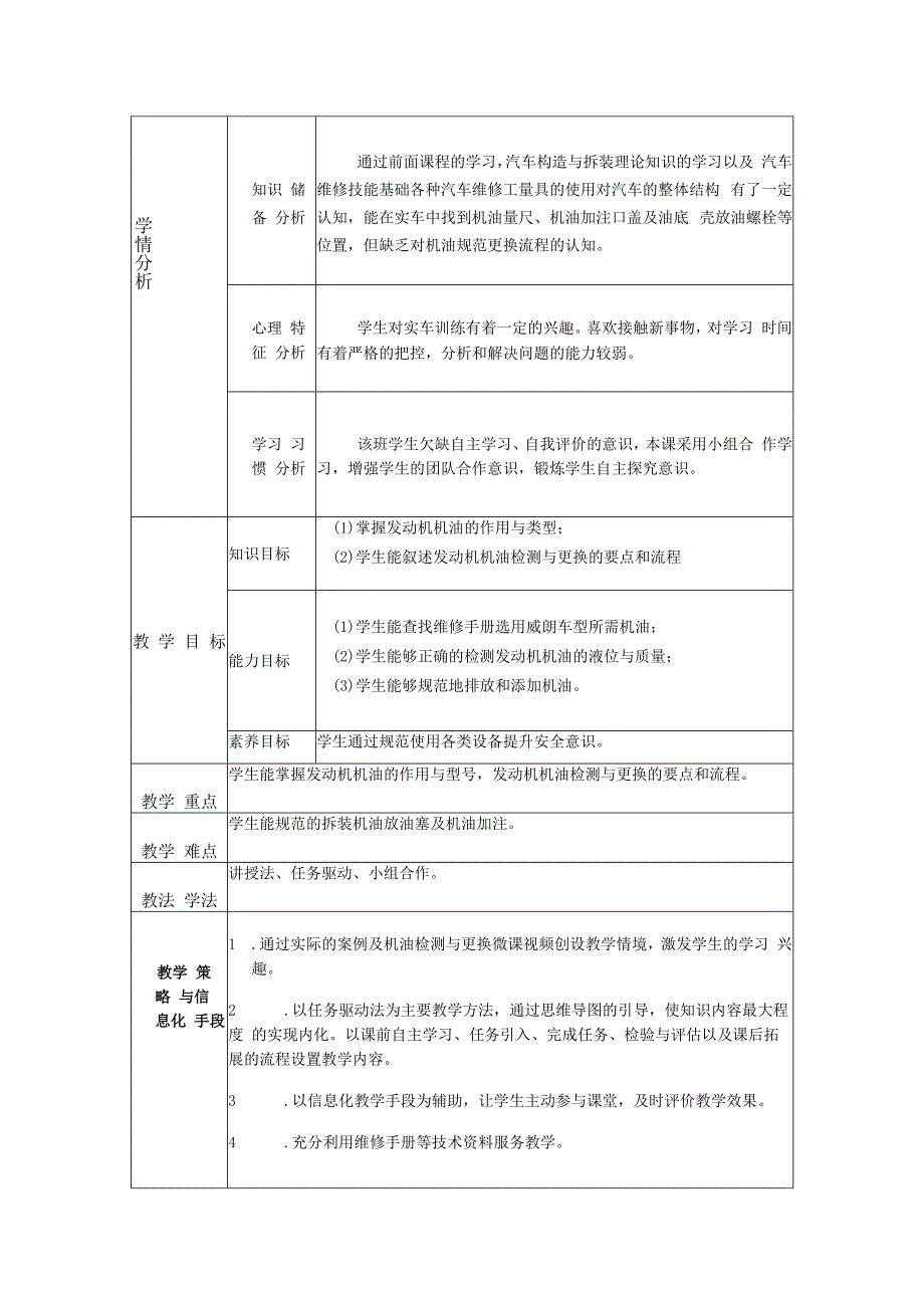 汽车发动机机油检测与更换教学设计公开课教案教学设计课件资料.docx_第2页