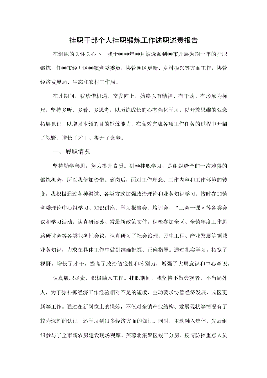 挂职干部个人挂职锻炼工作述职述责报告.docx_第1页