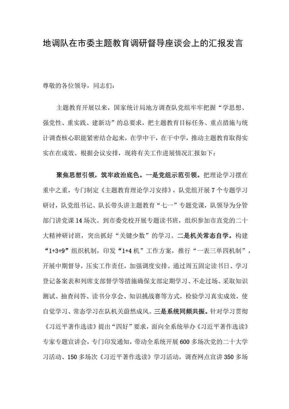 地调队在市委主题教育调研督导座谈会上的汇报发言.docx_第1页