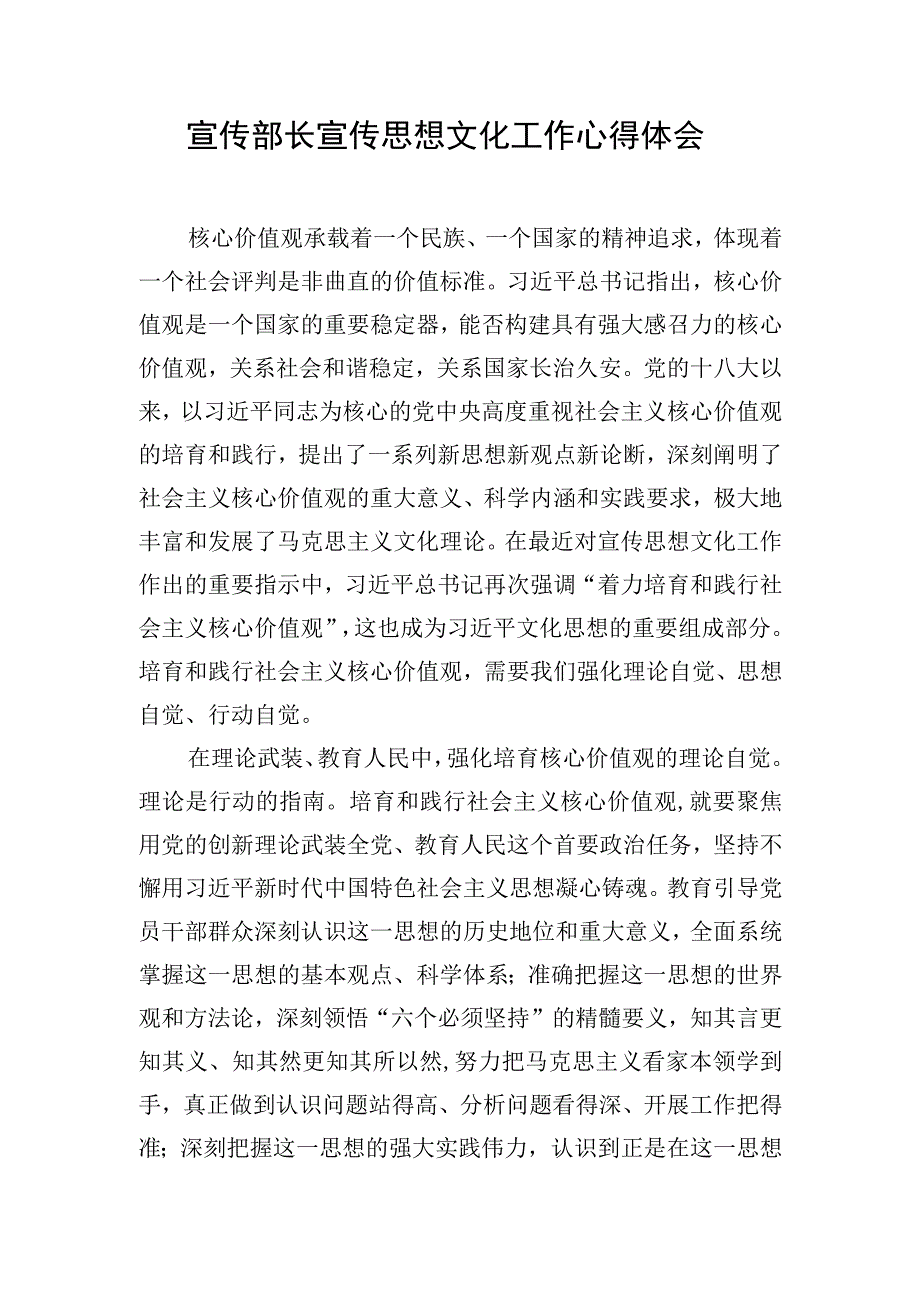 宣传部长宣传思想文化工作心得体会.docx_第1页