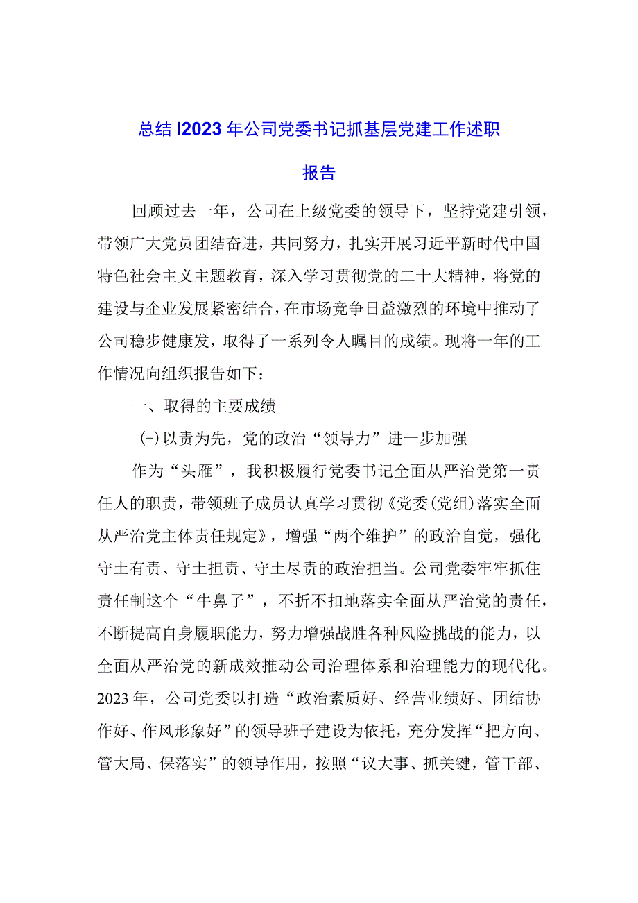 总结： 公司党委书记抓基层党建工作述职报告.docx_第1页