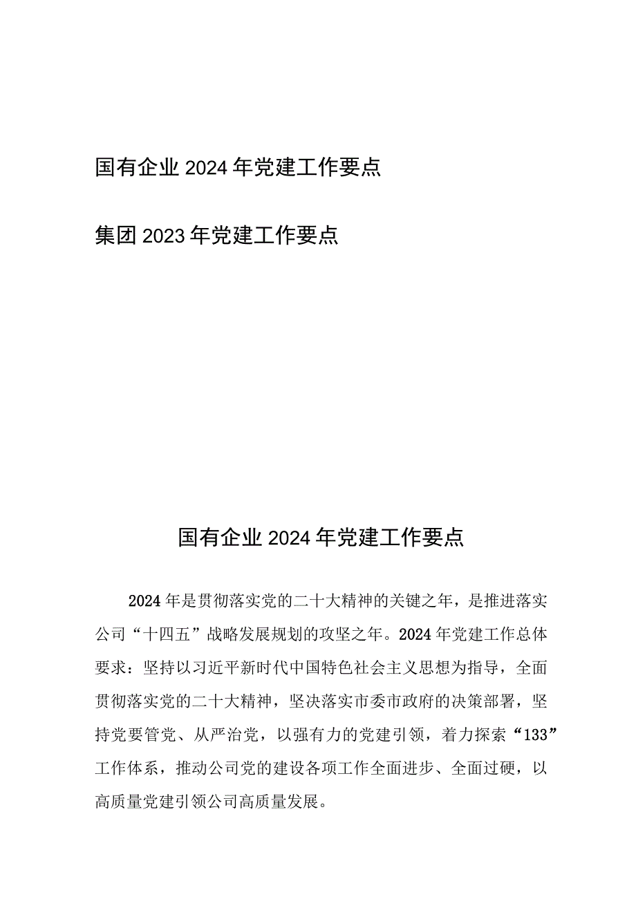 国有企业2024年党建工作要点、集团2023年党建工作要点.docx_第1页