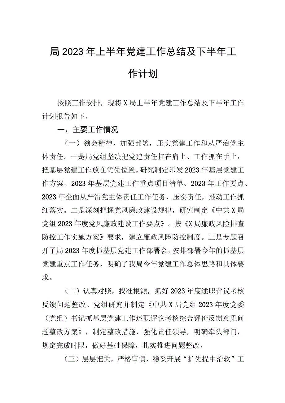 局2023年上半年党建工作总结及下半年工作计划.docx_第1页