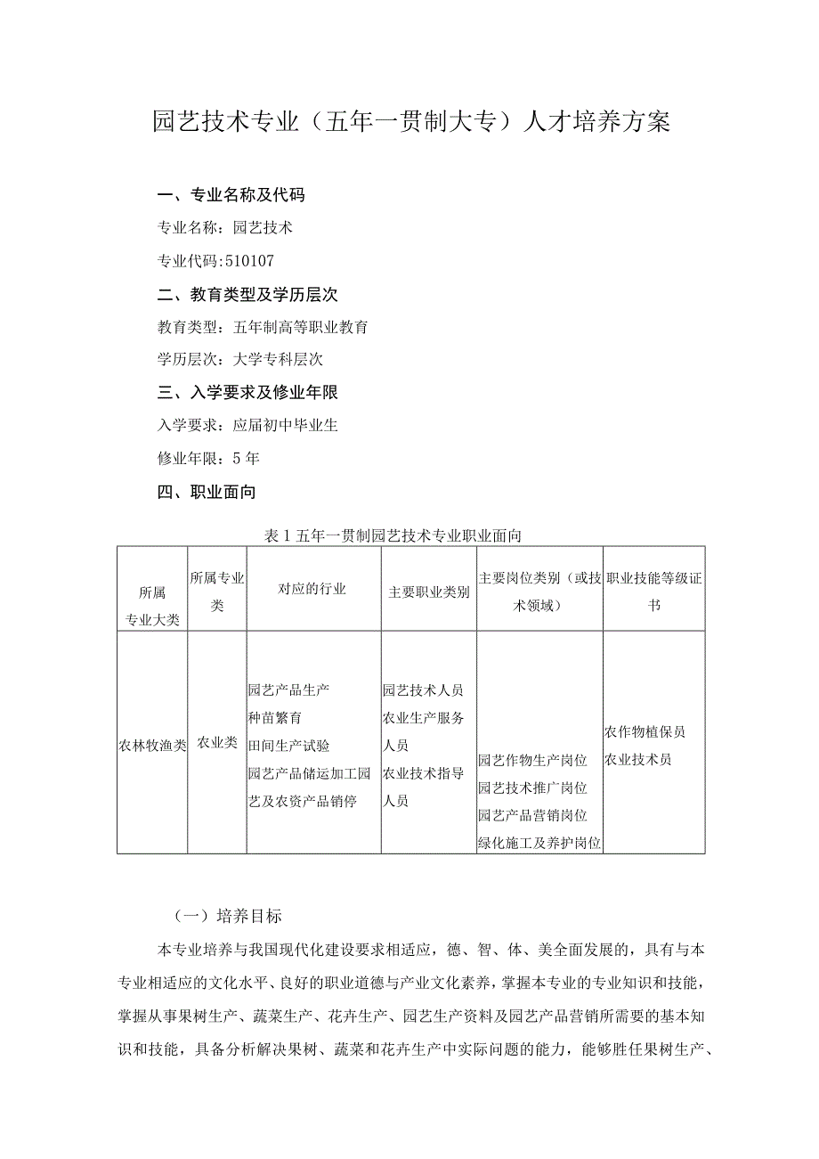 园艺技术专业（五年一贯制大专）人才培养方案.docx_第1页