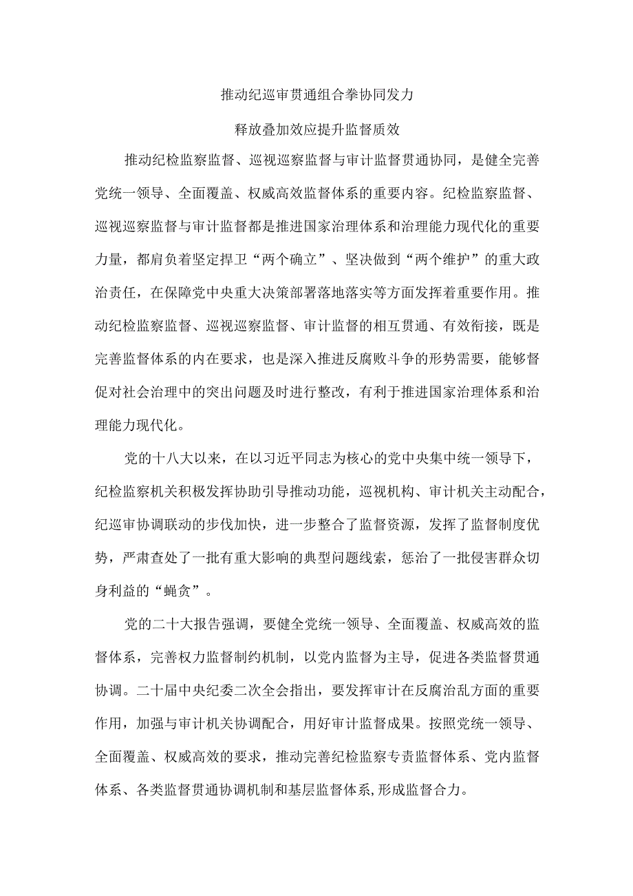 推动纪巡审贯通组合拳协同发力 释放叠加效应提升监督质效.docx_第1页