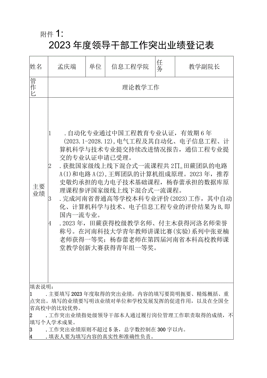 孟庆端 河南科技大学2023年度领导干部工作突出业绩登记表.docx_第1页