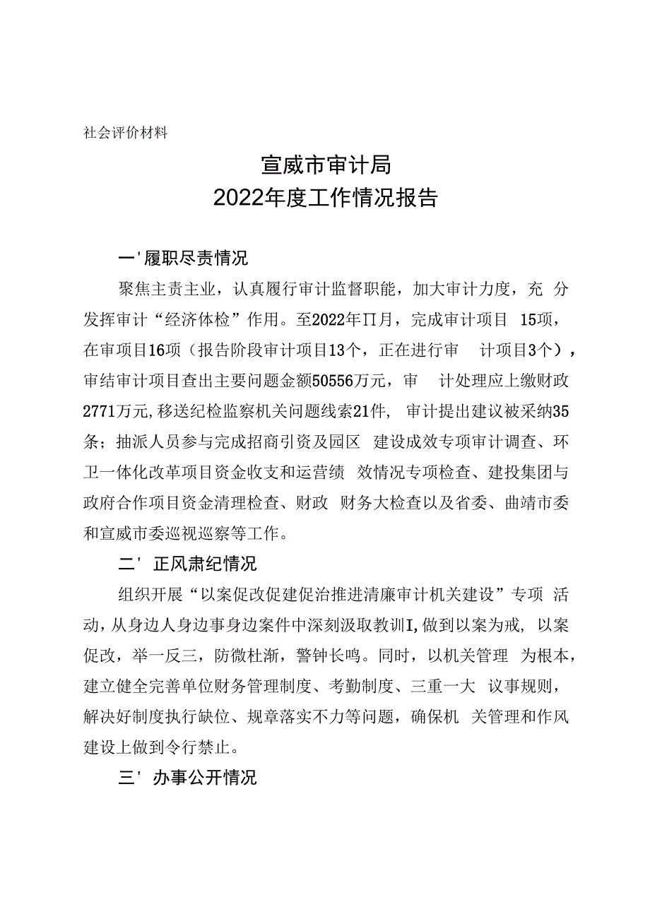 社会评价材料宣威市审计局2022年度工作情况报告.docx_第1页