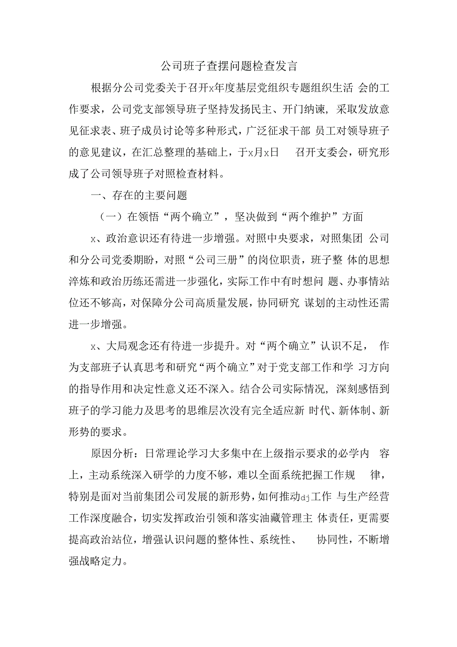 公司班子查摆问题检查发言.docx_第1页