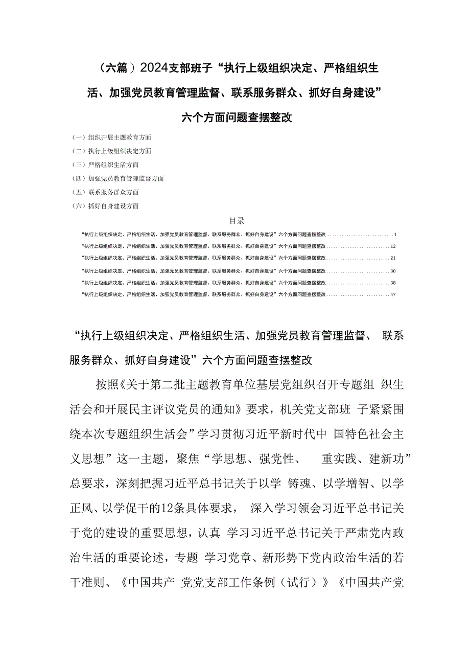 (六篇)2024支部班子“执行上级组织决定、严格组织生活、加强党员教育管理监督、联系服务群众、抓好自身建设”六个方面问题查摆整改.docx_第1页