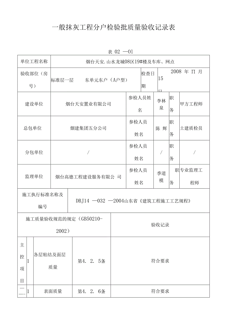 一般抹灰工程分户检验批质量验收记录表.docx_第1页