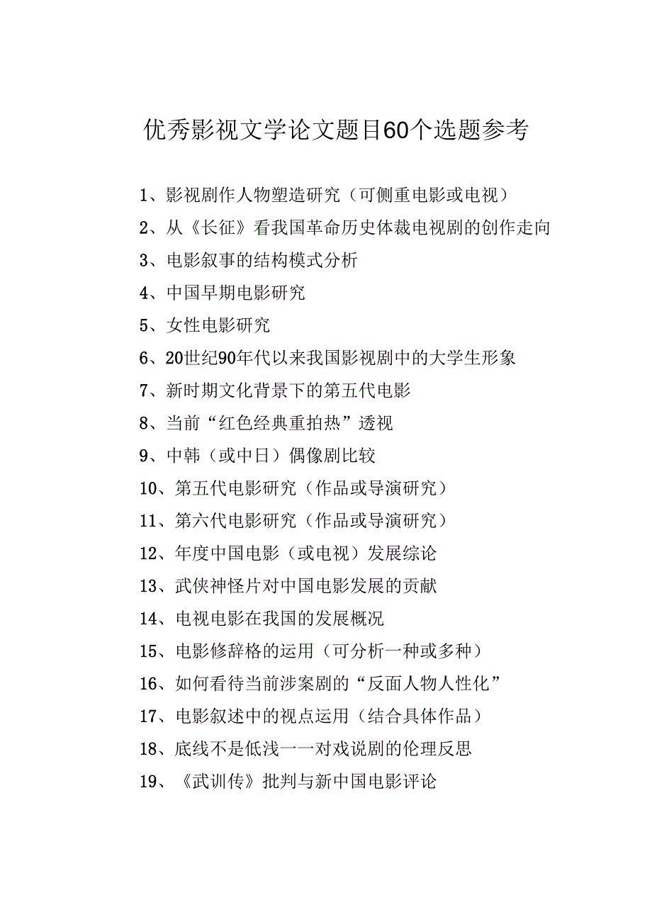 优秀影视文学论文题目60个选题参考.docx_第1页