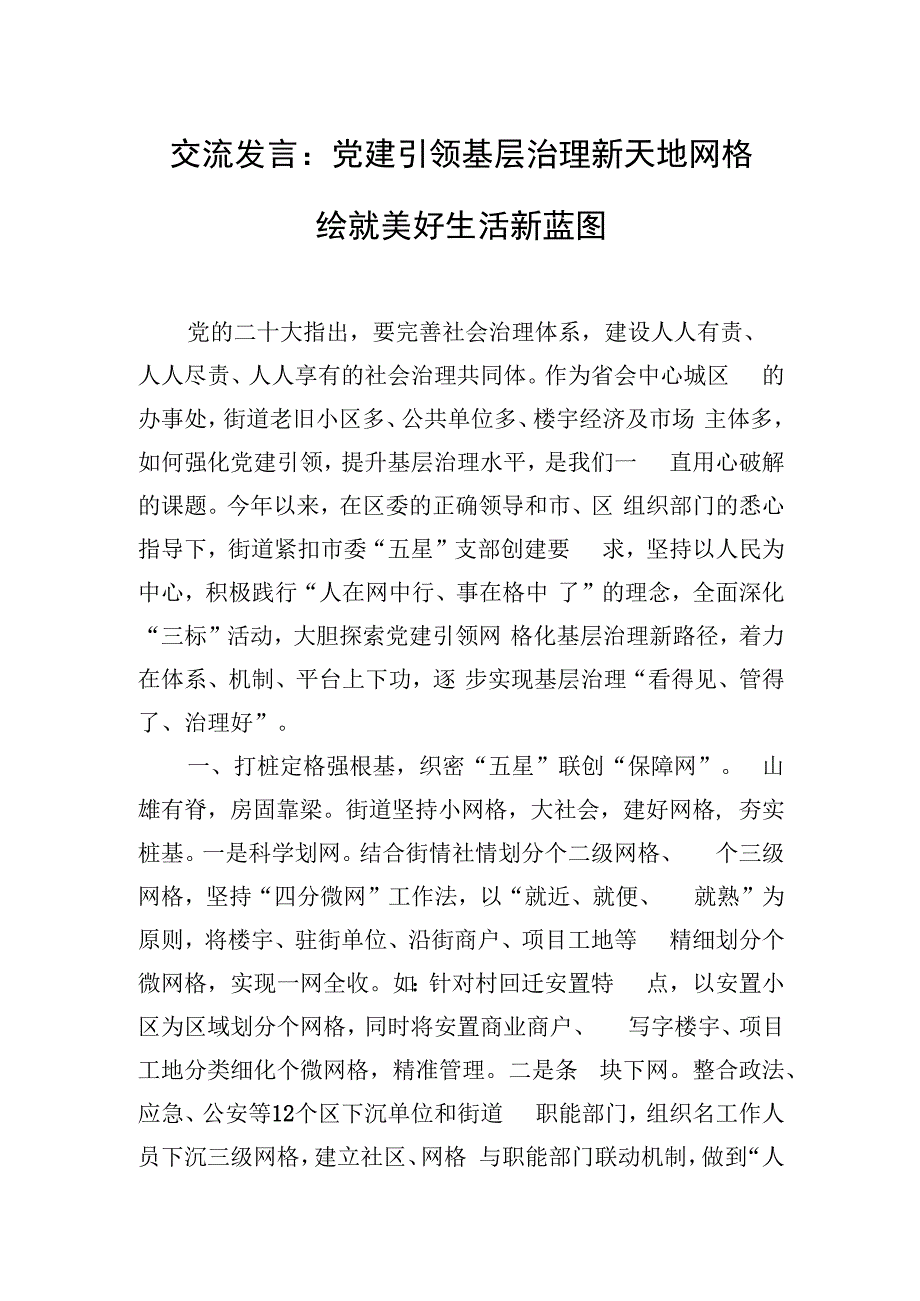 交流发言：党建引领基层治理新天地 网格绘就美好生活新蓝图.docx_第1页