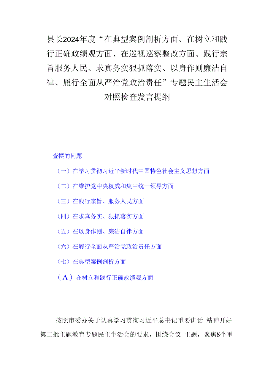 县长2024年度“在典型案例剖析方面、在树立和践行正确政绩观方面、在巡视巡察整改方面、践行宗旨服务人民、求真务实狠抓落实、以身作则廉.docx_第1页