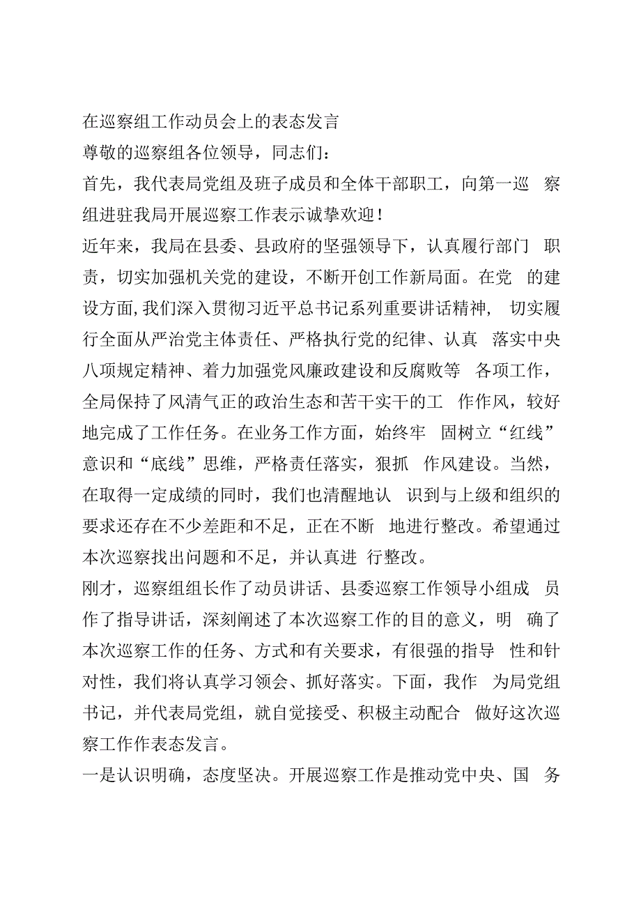 在巡察组工作动员会上的表态发言.docx_第1页