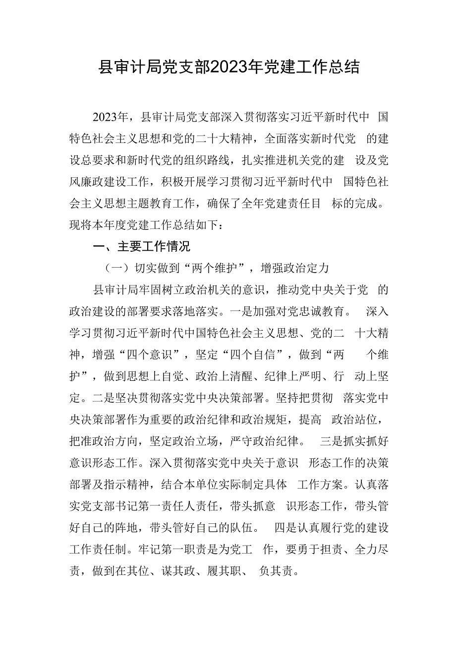 县审计局党支部2023年党建工作总结.docx_第1页