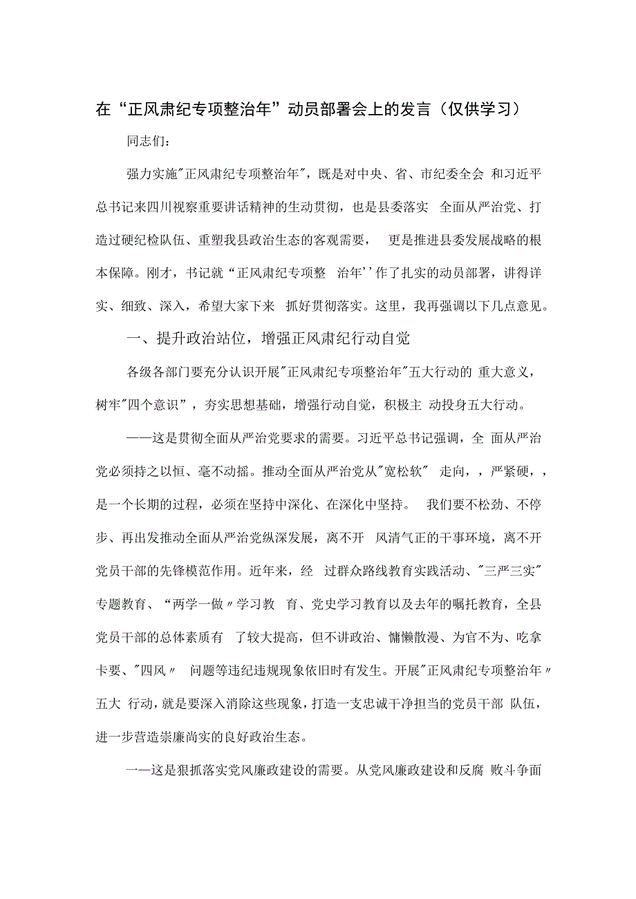 在“正风肃纪专项整治年”动员部署会上的发言.docx_第1页