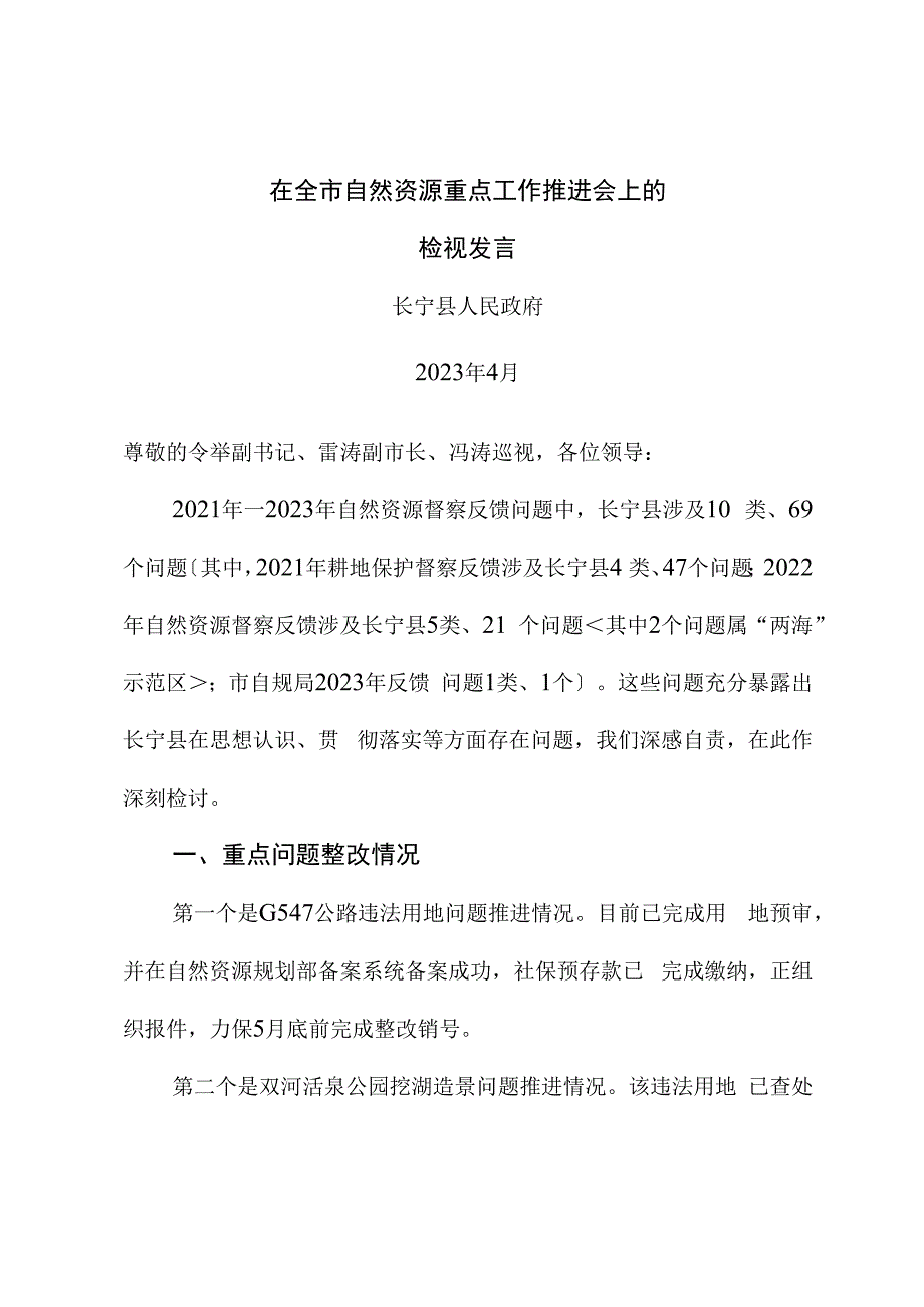 在全市自然资源重点工作推进会上的检视发言.docx_第1页