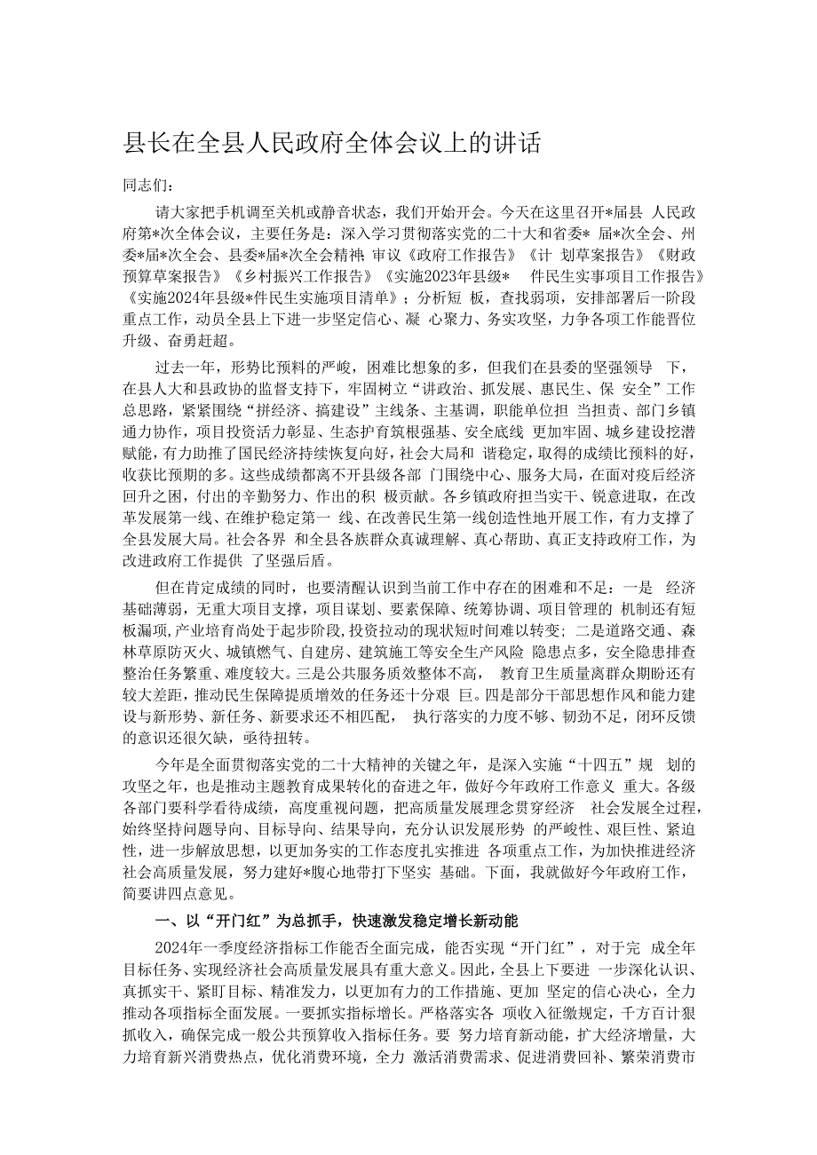 县长在全县人民政府全体会议上的讲话.docx_第1页