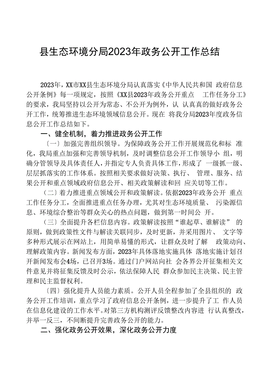 县生态环境分局2023年政务公开工作总结.docx_第1页