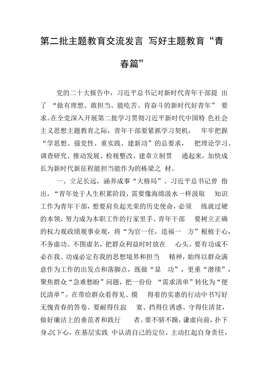 第二批主题教育交流发言：写好主题教育“青春篇”.docx_第1页