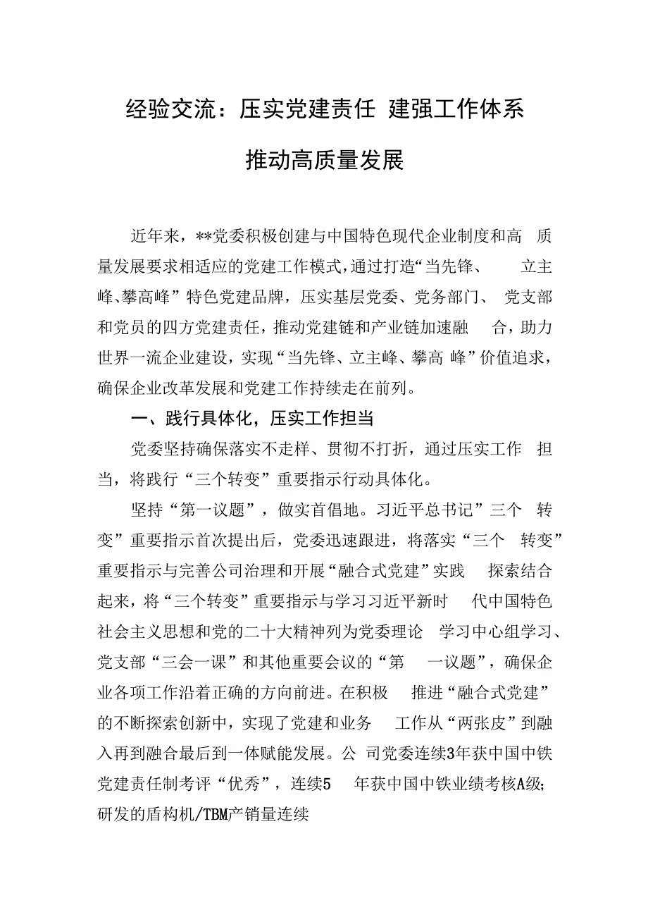 经验交流：压实党建责任 建强工作体系 推动高质量发展.docx_第1页