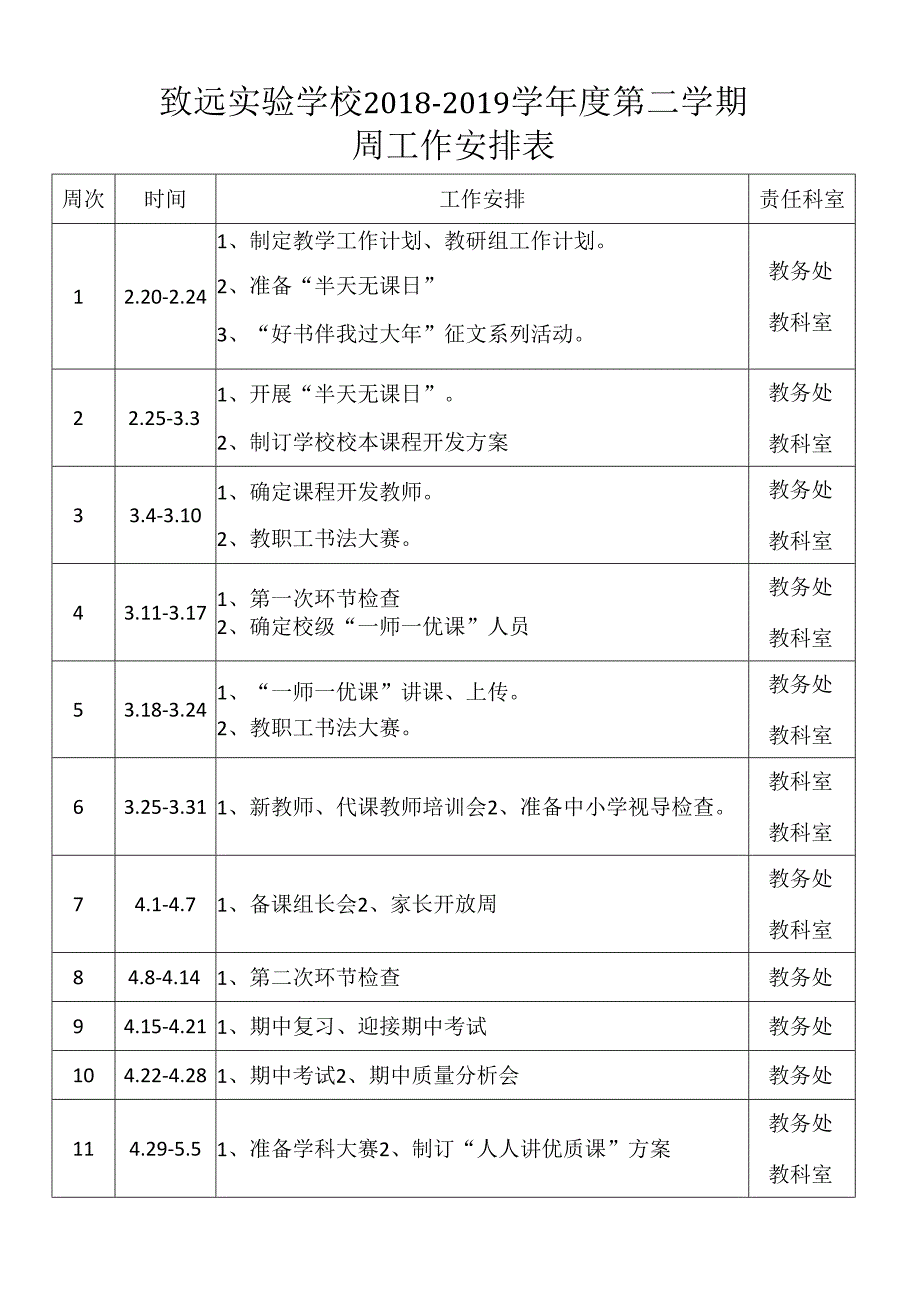 致远实验学校2018-2019学年度第二学期周工作安排表.docx_第1页