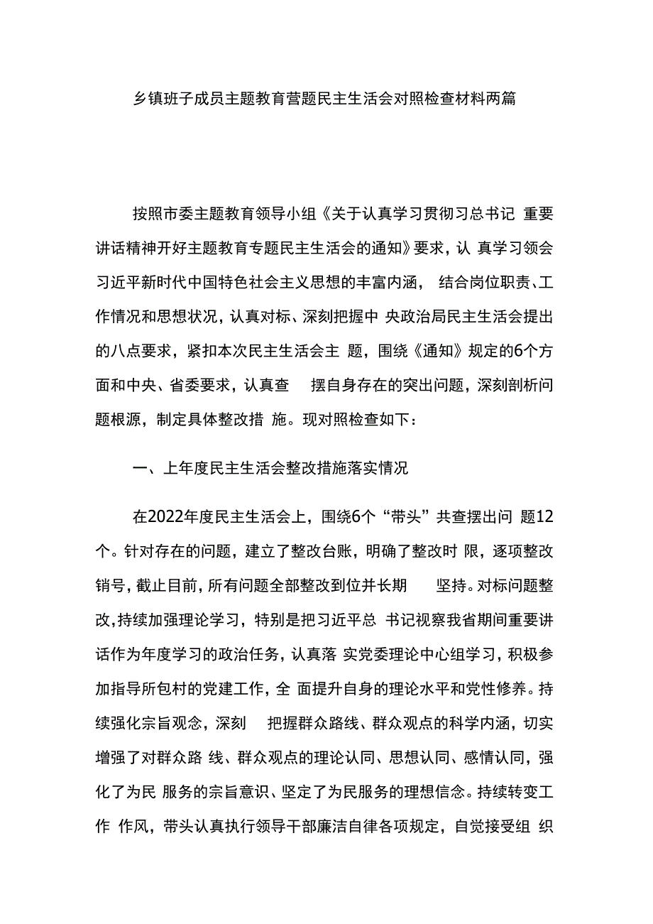 乡镇班子成员主题教育专题民主生活会对照检查材料两篇.docx_第1页