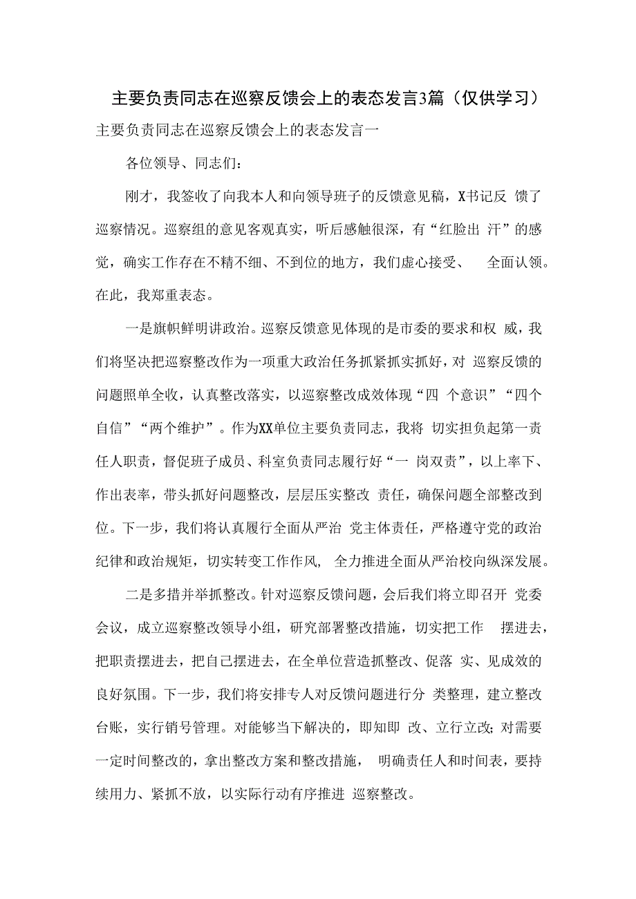 主要负责同志在巡察反馈会上的表态发言3篇.docx_第1页