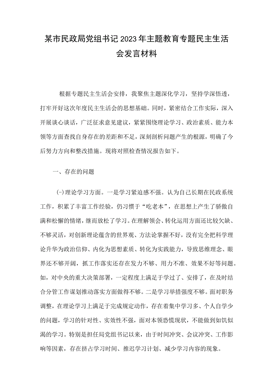 某市民政局党组书记2023年主题教育专题民主生活会发言材料.docx_第1页