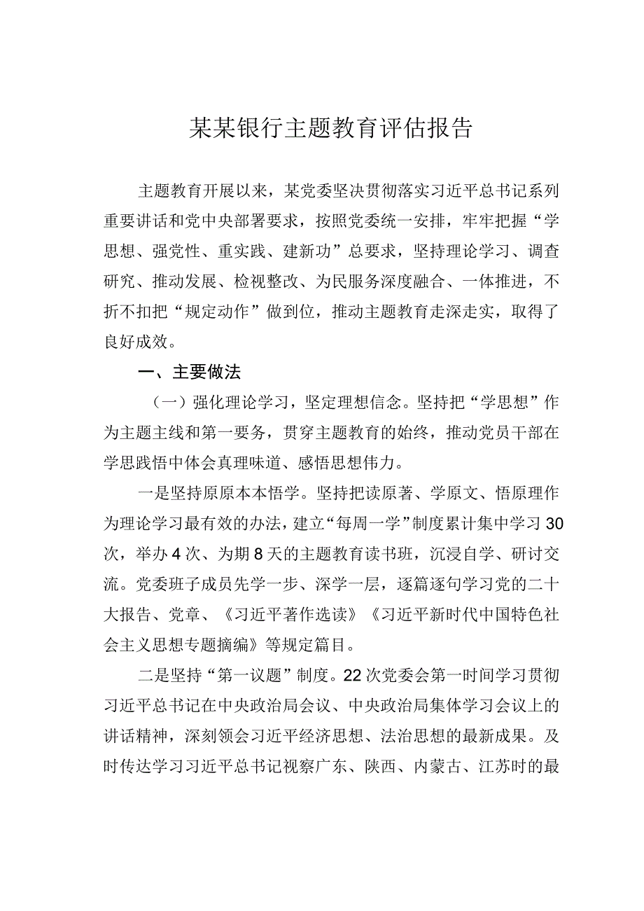 某某银行主题教育评估报告.docx_第1页