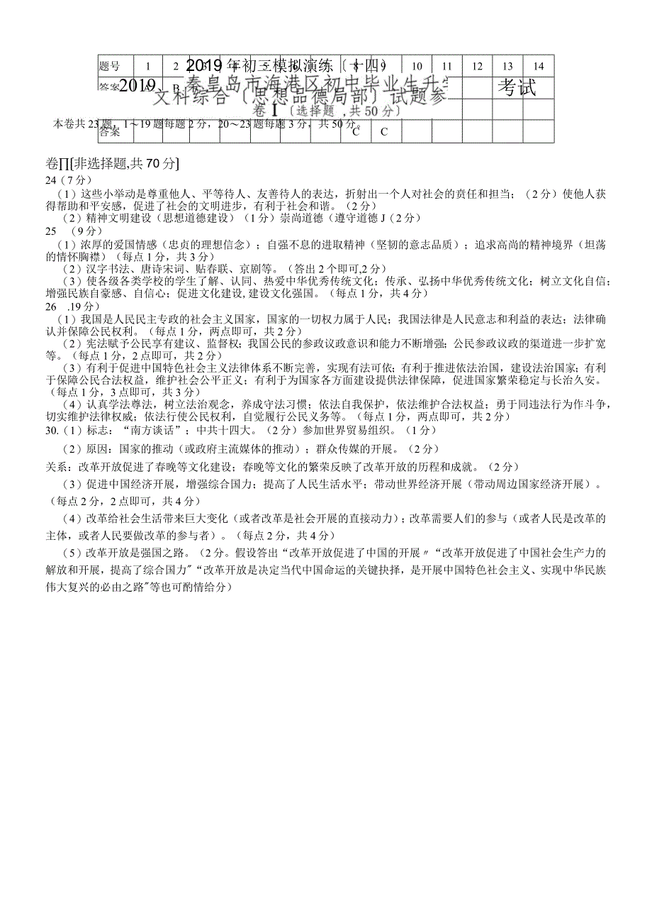 河北省秦皇岛市海港区九年级模拟演练（十四）文科综合（思想品德部分）试题（图片版）.docx_第1页