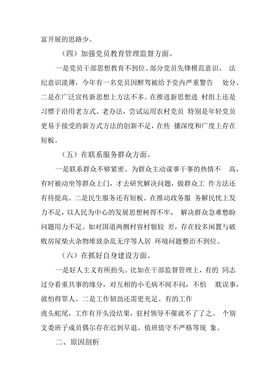 在“执行上级决定、严格组织生活、加强党员管理、联系服务群众、抓好自身建设、加强理论学习勇于担当作为”等六个方面存在的差距和不足对.docx_第3页