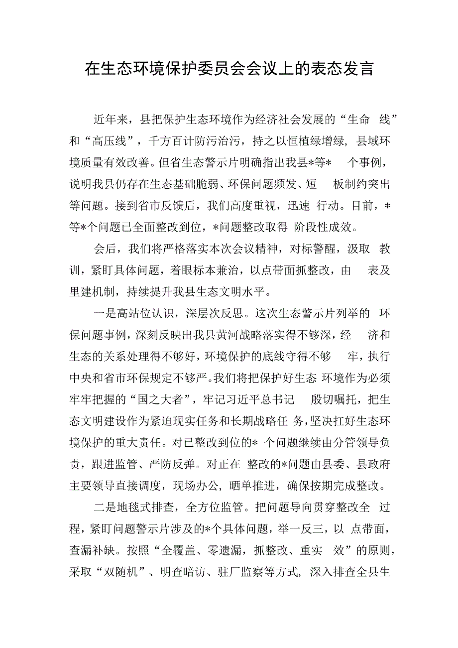 在生态环境保护委员会会议上的表态发言.docx_第1页