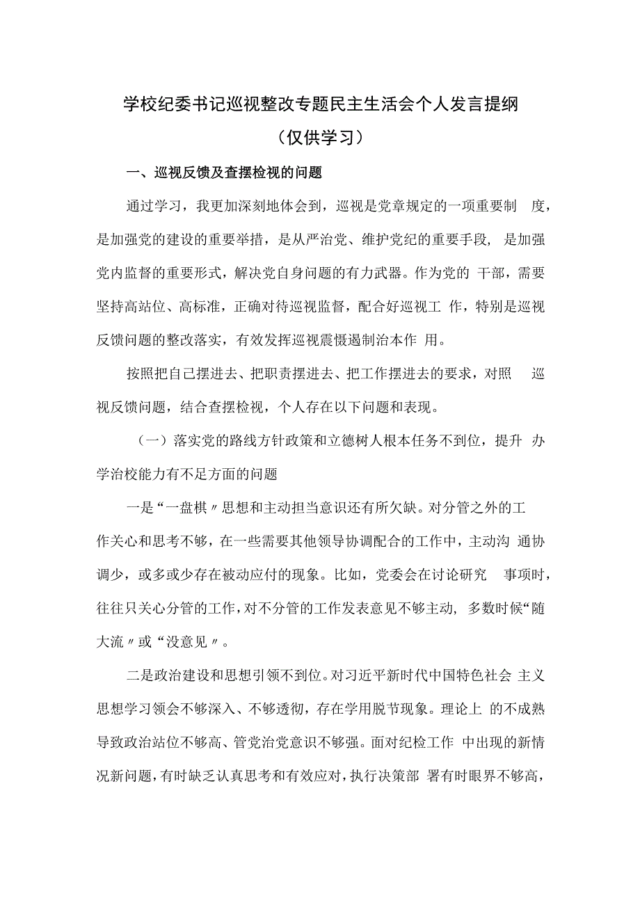 学校纪委书记巡视整改专题民主生活会个人发言提纲.docx_第1页