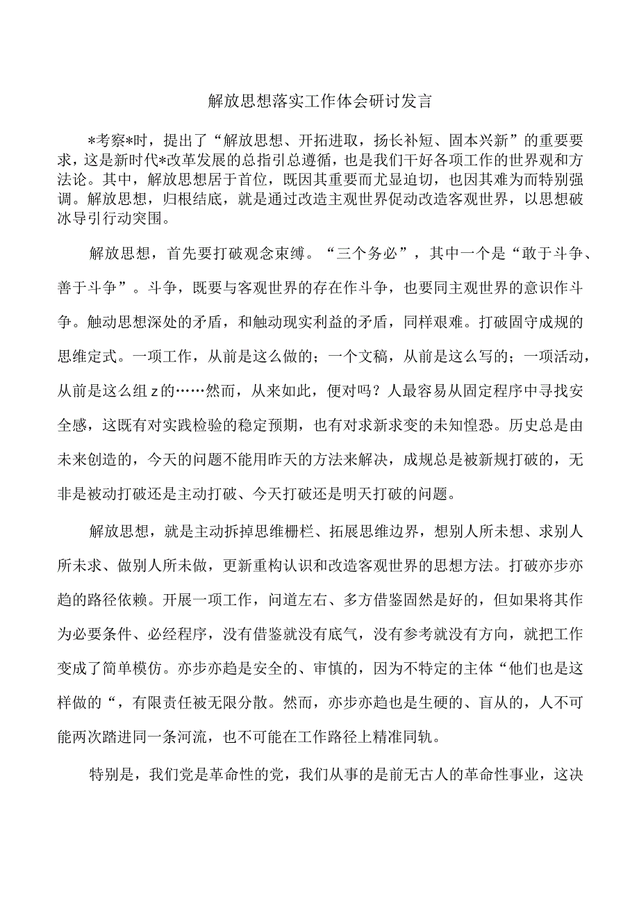 解放思想落实工作体会研讨发言.docx_第1页