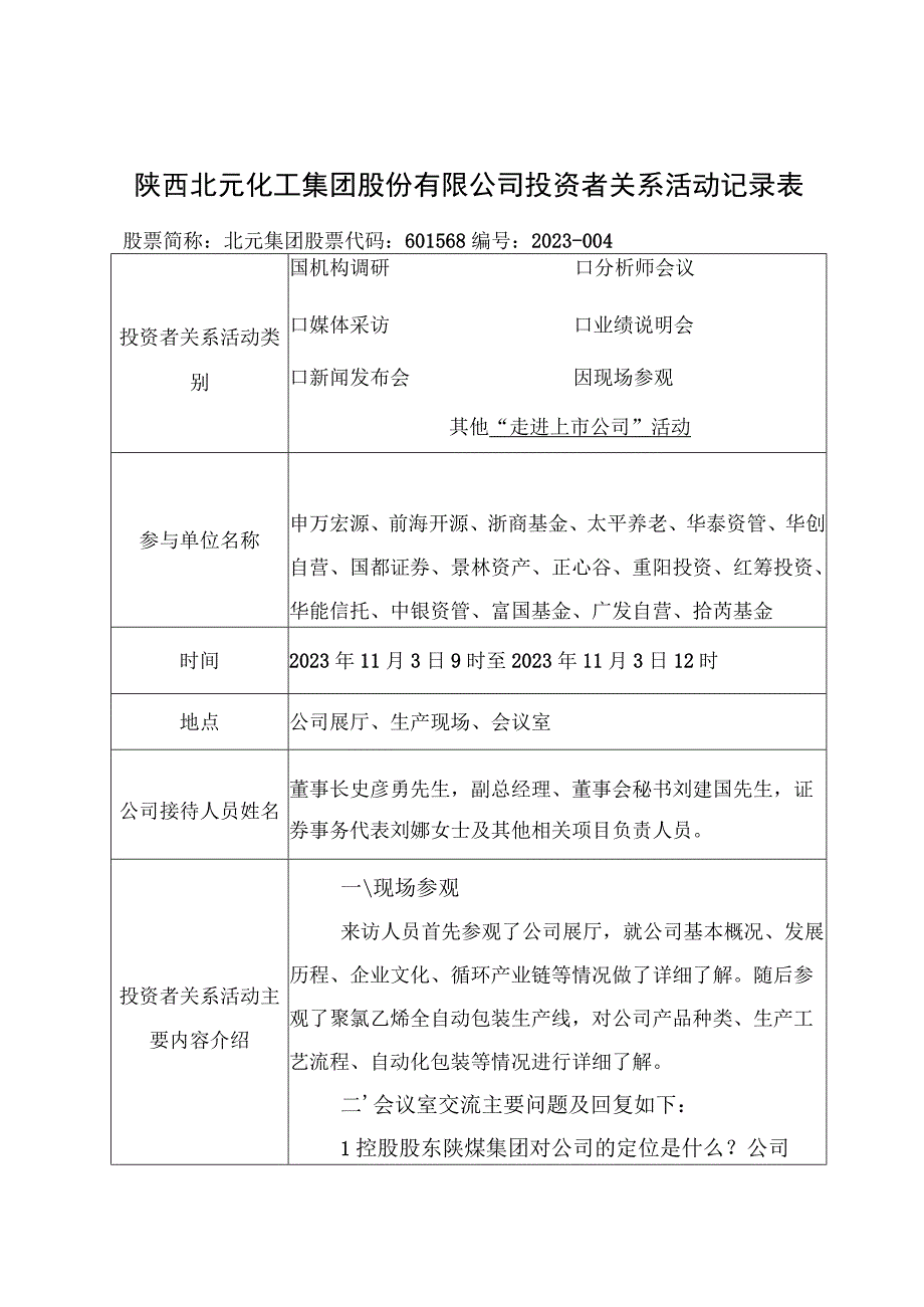 陕西北元化工集团股份有限公司投资者关系活动记录表.docx_第1页