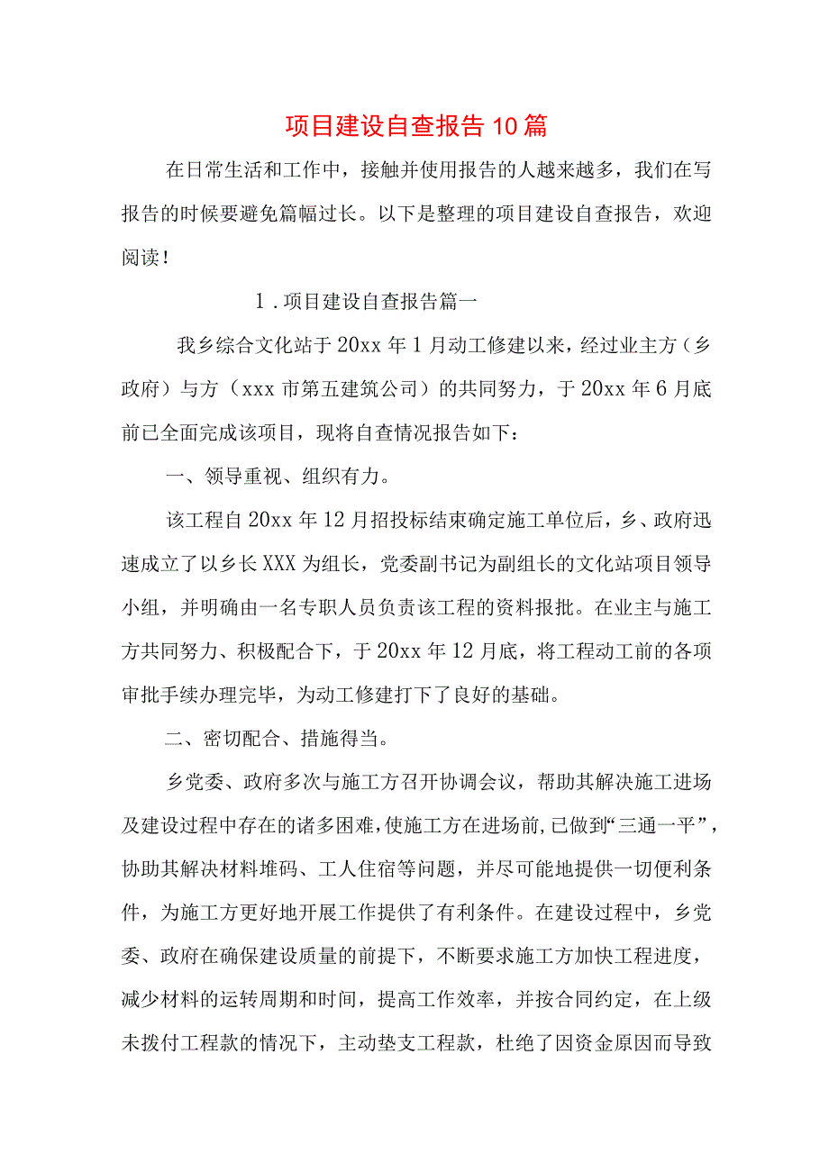 项目建设自查报告10篇.docx_第1页