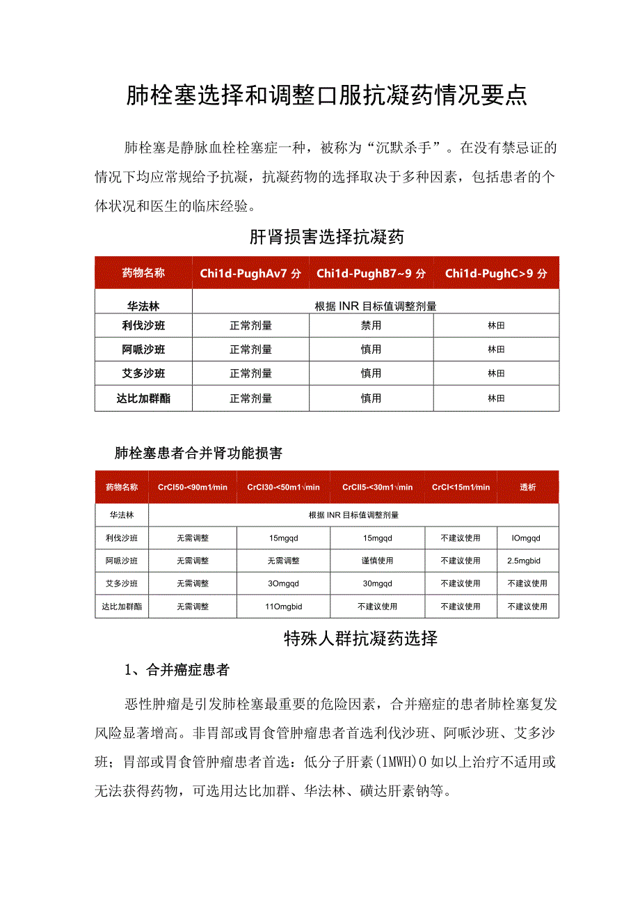 肺栓塞选择和调整口服抗凝药情况要点.docx_第1页