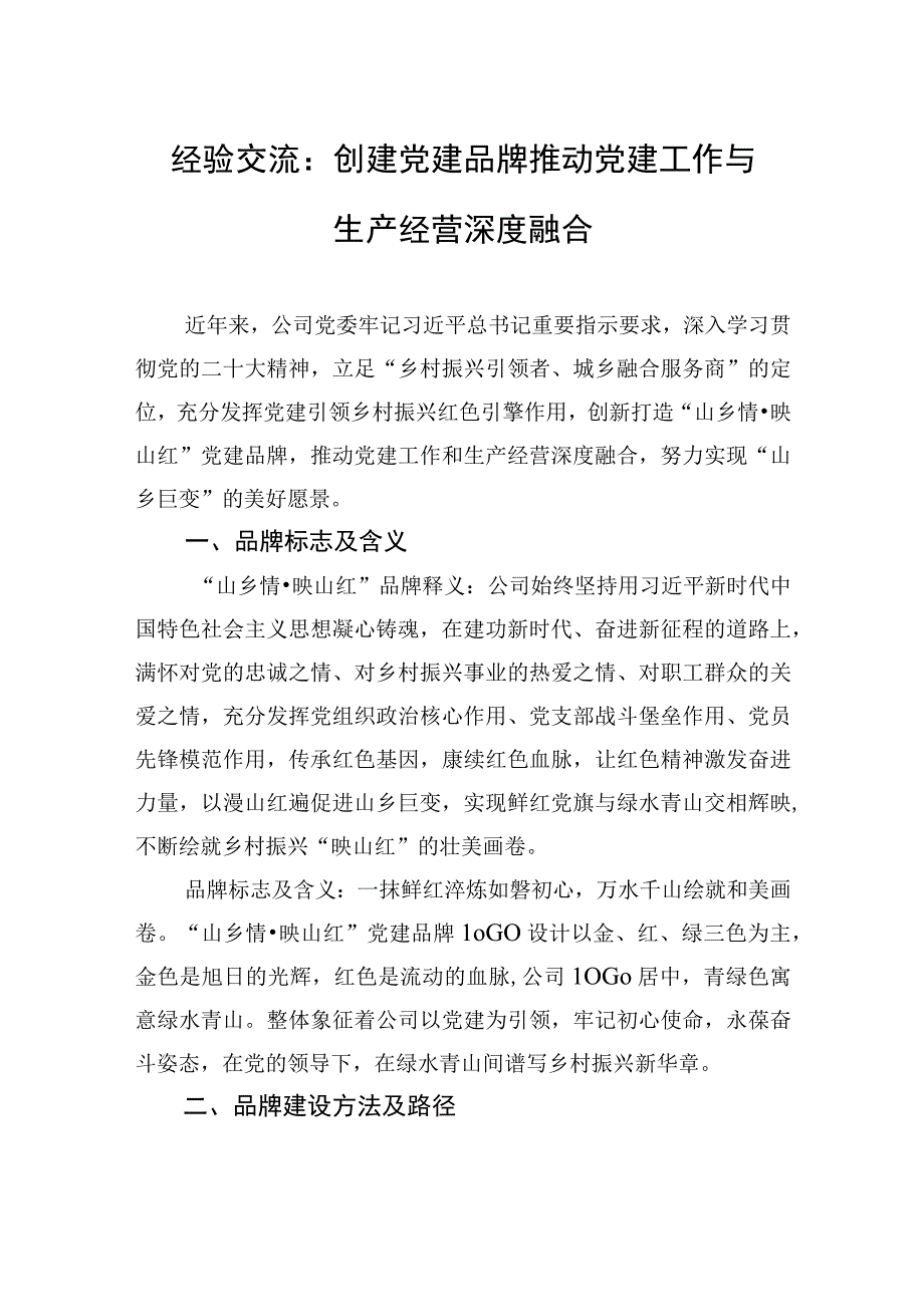 经验交流：创建党建品牌+推动党建工作与生产经营深度融合.docx_第1页