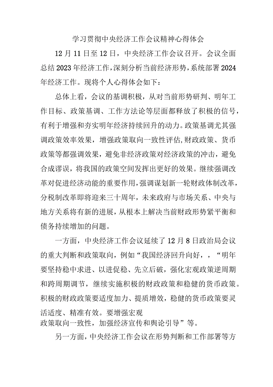 银行出纳《学习贯彻中央经济》工作会议精神心得体会汇编3份.docx_第2页