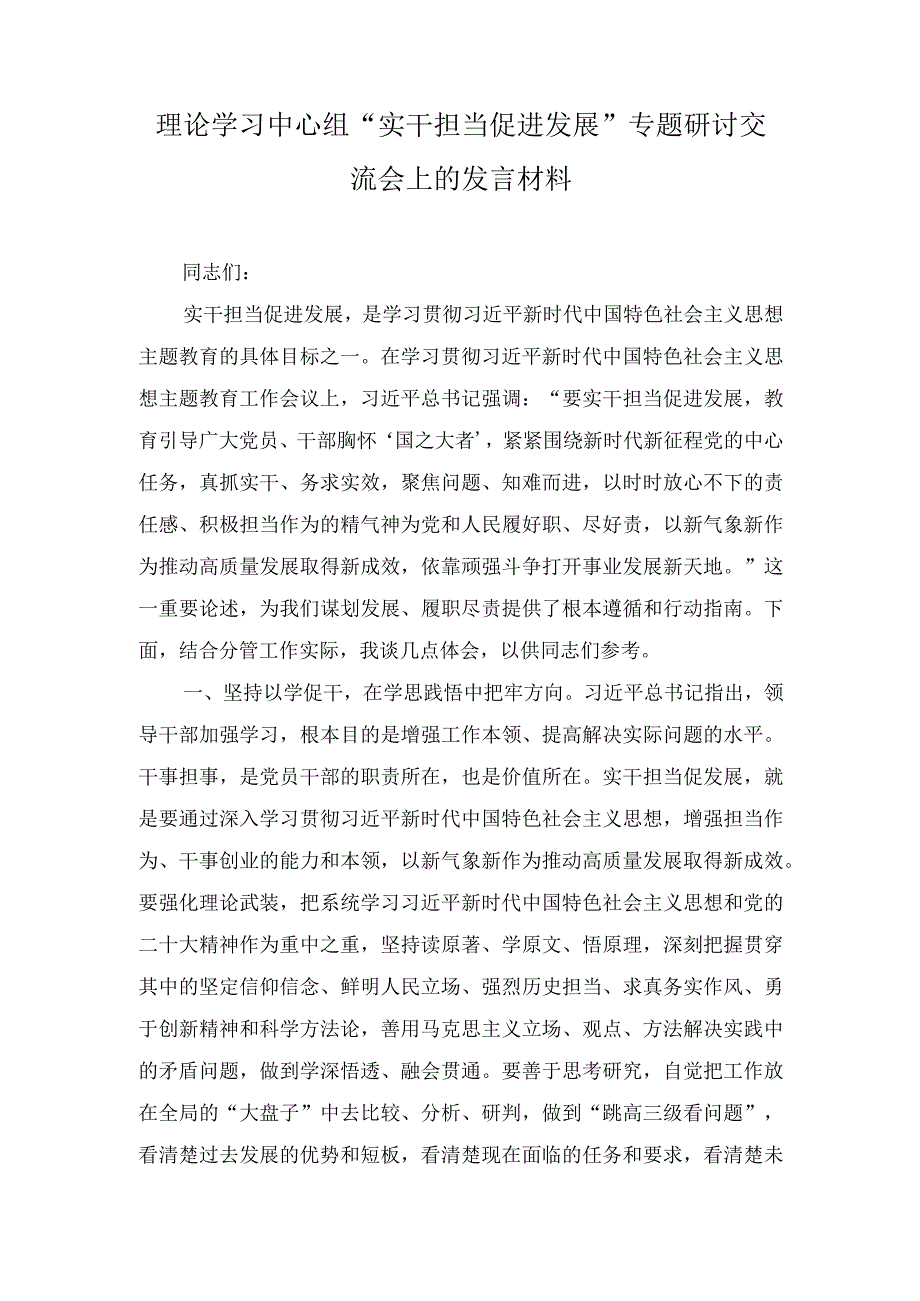 （3篇）2023年理论学习中心组“实干担当促进发展”专题研讨交流会上的发言材料.docx_第1页