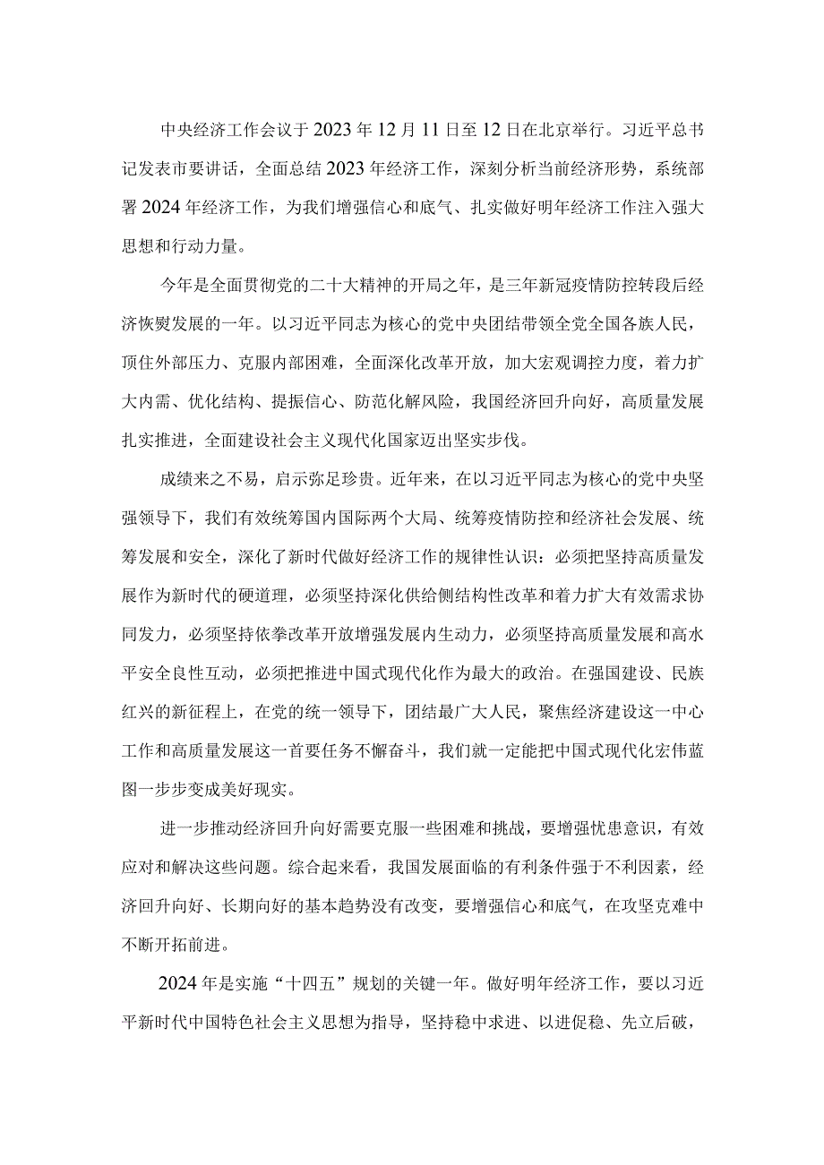 （13篇）学习贯彻中央经济工作会议精神研讨发言材料.docx_第2页