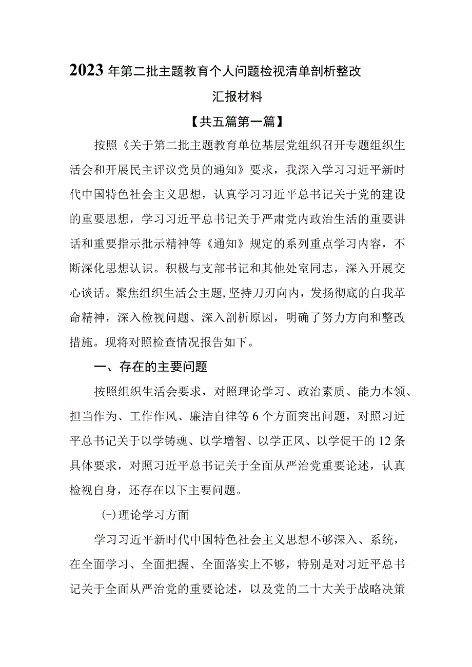 （5篇）2023年第二批专题教育个人问题检视清单剖析整改汇报材料.docx_第1页